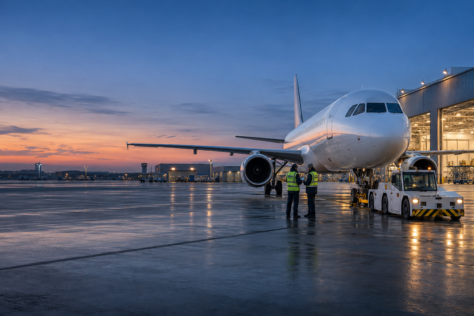 Aeronave en plataforma, equipo de apoyo en tierra y personal de operaciones